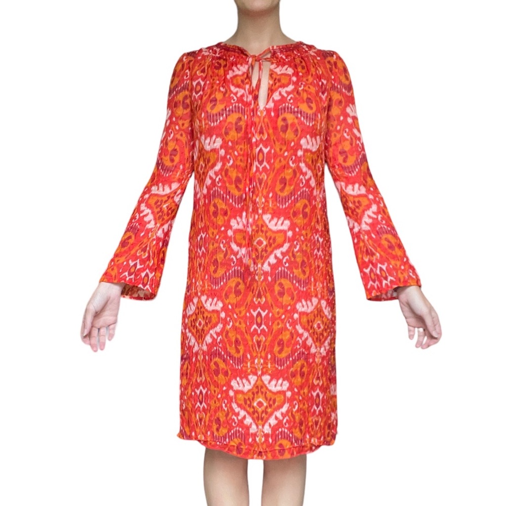 Tory Burch • Silk Flowy Dress • Sheer Ikat Print • Red Orange • Size 2 4 6